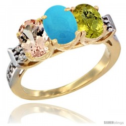 10K Yellow Gold Natural Morganite, Turquoise & Lemon Quartz Ring 3-Stone Oval 7x5 mm Diamond Accent