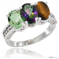 14K White Gold Natural Green Amethyst, Mystic Topaz & Tiger Eye Ring 3-Stone 7x5 mm Oval Diamond Accent