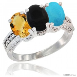 10K White Gold Natural Citrine, Black Onyx & Turquoise Ring 3-Stone Oval 7x5 mm Diamond Accent