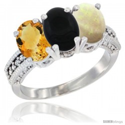 10K White Gold Natural Citrine, Black Onyx & Opal Ring 3-Stone Oval 7x5 mm Diamond Accent