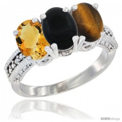 10K White Gold Natural Citrine, Black Onyx & Tiger Eye Ring 3-Stone Oval 7x5 mm Diamond Accent