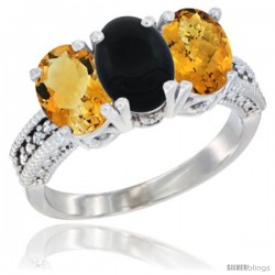 10K White Gold Natural Citrine, Black Onyx & Whisky Quartz Ring 3-Stone Oval 7x5 mm Diamond Accent