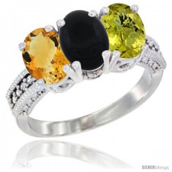 10K White Gold Natural Citrine, Black Onyx & Lemon Quartz Ring 3-Stone Oval 7x5 mm Diamond Accent