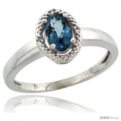 10k White Gold Diamond Halo London Blue Topaz Ring 0.75 Carat Oval Shape 6X4 mm, 3/8 in (9mm) wide