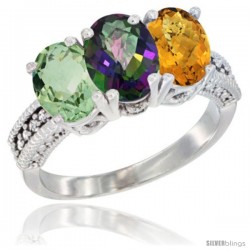 14K White Gold Natural Green Amethyst, Mystic Topaz & Whisky Quartz Ring 3-Stone 7x5 mm Oval Diamond Accent