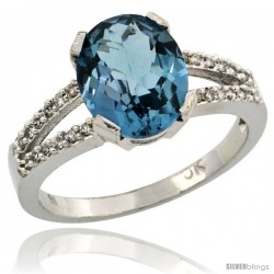 10k White Gold and Diamond Halo London Blue Topaz Ring 2.4 carat Oval shape 10X8 mm, 3/8 in (10mm) wide