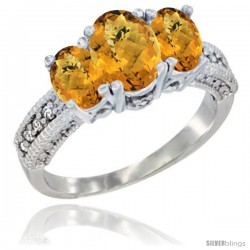 14k White Gold Ladies Oval Natural Whisky Quartz 3-Stone Ring Diamond Accent