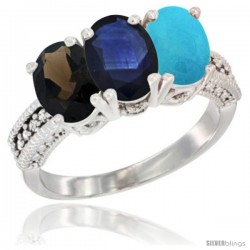 14K White Gold Natural Smoky Topaz, Blue Sapphire & Turquoise Ring 3-Stone 7x5 mm Oval Diamond Accent