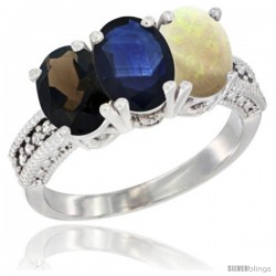 14K White Gold Natural Smoky Topaz, Blue Sapphire & Opal Ring 3-Stone 7x5 mm Oval Diamond Accent