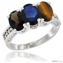 14K White Gold Natural Smoky Topaz, Blue Sapphire & Tiger Eye Ring 3-Stone 7x5 mm Oval Diamond Accent