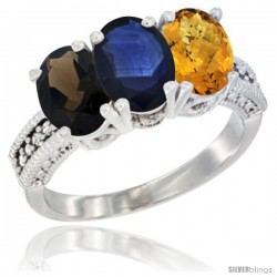 14K White Gold Natural Smoky Topaz, Blue Sapphire & Whisky Quartz Ring 3-Stone 7x5 mm Oval Diamond Accent