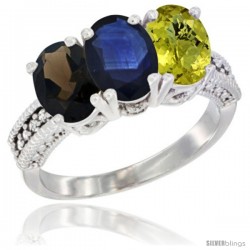 14K White Gold Natural Smoky Topaz, Blue Sapphire & Lemon Quartz Ring 3-Stone 7x5 mm Oval Diamond Accent