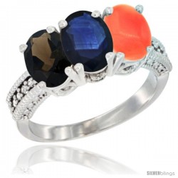 14K White Gold Natural Smoky Topaz, Blue Sapphire & Coral Ring 3-Stone 7x5 mm Oval Diamond Accent