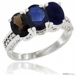 14K White Gold Natural Smoky Topaz, Blue Sapphire & Lapis Ring 3-Stone 7x5 mm Oval Diamond Accent