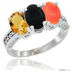 10K White Gold Natural Citrine, Black Onyx & Coral Ring 3-Stone Oval 7x5 mm Diamond Accent