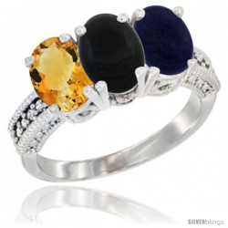 10K White Gold Natural Citrine, Black Onyx & Lapis Ring 3-Stone Oval 7x5 mm Diamond Accent