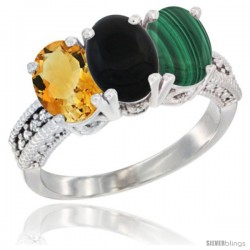 10K White Gold Natural Citrine, Black Onyx & Malachite Ring 3-Stone Oval 7x5 mm Diamond Accent