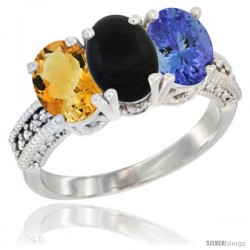 10K White Gold Natural Citrine, Black Onyx & Tanzanite Ring 3-Stone Oval 7x5 mm Diamond Accent