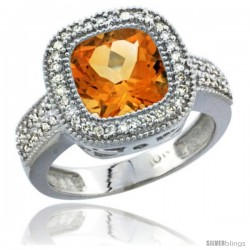 10K White Gold Natural Citrine Ring Cushion-cut 9x9 Stone Diamond Accent