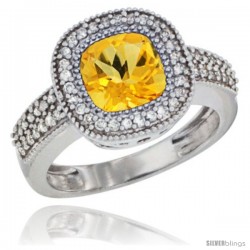 10K White Gold Natural Citrine Ring Cushion-cut 7x7 Stone Diamond Accent