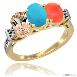 10K Yellow Gold Natural Morganite, Turquoise & Coral Ring 3-Stone Oval 7x5 mm Diamond Accent