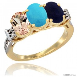 10K Yellow Gold Natural Morganite, Turquoise & Lapis Ring 3-Stone Oval 7x5 mm Diamond Accent