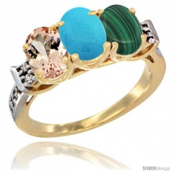 10K Yellow Gold Natural Morganite, Turquoise & Malachite Ring 3-Stone Oval 7x5 mm Diamond Accent