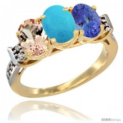 10K Yellow Gold Natural Morganite, Turquoise & Tanzanite Ring 3-Stone Oval 7x5 mm Diamond Accent