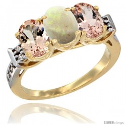 10K Yellow Gold Natural Opal & Morganite Sides Ring 3-Stone Oval 7x5 mm Diamond Accent