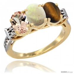 10K Yellow Gold Natural Morganite, Opal & Tiger Eye Ring 3-Stone Oval 7x5 mm Diamond Accent