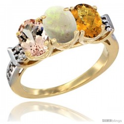 10K Yellow Gold Natural Morganite, Opal & Whisky Quartz Ring 3-Stone Oval 7x5 mm Diamond Accent