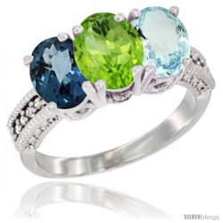 10K White Gold Natural London Blue Topaz, Peridot & Aquamarine Ring 3-Stone Oval 7x5 mm Diamond Accent