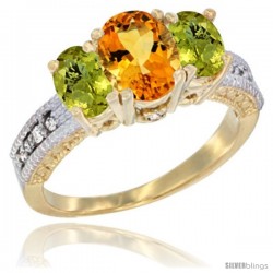 14k Yellow Gold Ladies Oval Natural Citrine 3-Stone Ring with Lemon Quartz Sides Diamond Accent