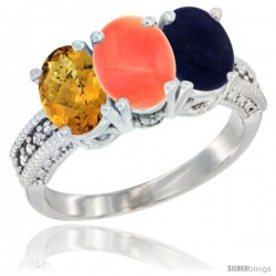 14K White Gold Natural Whisky Quartz, Coral Ring with Lapis Ring 3-Stone 7x5 mm Oval Diamond Accent