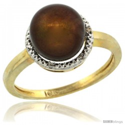 10k Gold Halo Engagement 8.5 mm Brown Pearl Ring w/ 0.022 Carat Brilliant Cut Diamonds, 7/16 in. (11mm) wide