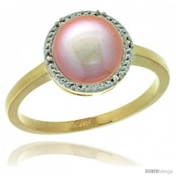 10k Gold Halo Engagement 8.5 mm Pink Pearl Ring w/ 0.022 Carat Brilliant Cut Diamonds, 7/16 in. (11mm) wide