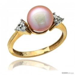 10k Gold 8.5 mm Pink Pearl Ring w/ 0.105 Carat Brilliant Cut Diamonds, 7/16 in. (11mm) wide