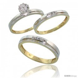 10k Yellow Gold Diamond Trio Engagement Wedding Rings Set for Him 4mm & Her 3 mm 3-piece 0.10 cttw Brilliant Cut