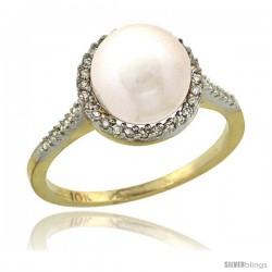 10k Gold Halo Engagement 8.5 mm White Pearl Ring w/ 0.146 Carat Brilliant Cut Diamonds, 7/16 in. (11mm) wide