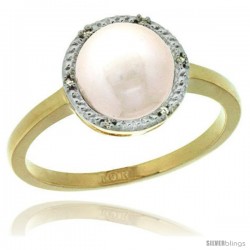 10k Gold Halo Engagement 8.5 mm White Pearl Ring w/ 0.022 Carat Brilliant Cut Diamonds, 7/16 in. (11mm) wide