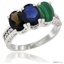 14K White Gold Natural Smoky Topaz, Blue Sapphire & Malachite Ring 3-Stone 7x5 mm Oval Diamond Accent