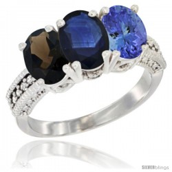 14K White Gold Natural Smoky Topaz, Blue Sapphire & Tanzanite Ring 3-Stone 7x5 mm Oval Diamond Accent