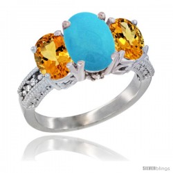 10K White Gold Ladies Natural Turquoise Oval 3 Stone Ring with Citrine Sides Diamond Accent