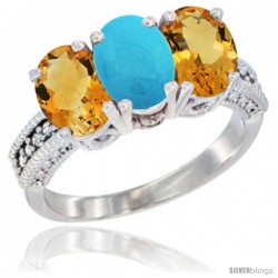 10K White Gold Natural Turquoise & Citrine Sides Ring 3-Stone Oval 7x5 mm Diamond Accent