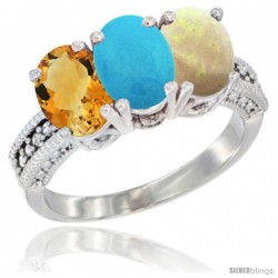 10K White Gold Natural Citrine, Turquoise & Opal Ring 3-Stone Oval 7x5 mm Diamond Accent