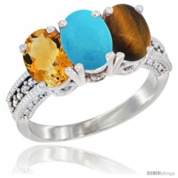 10K White Gold Natural Citrine, Turquoise & Tiger Eye Ring 3-Stone Oval 7x5 mm Diamond Accent