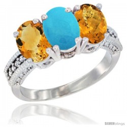 10K White Gold Natural Citrine, Turquoise & Whisky Quartz Ring 3-Stone Oval 7x5 mm Diamond Accent