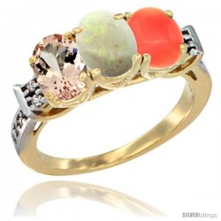 10K Yellow Gold Natural Morganite, Opal & Coral Ring 3-Stone Oval 7x5 mm Diamond Accent