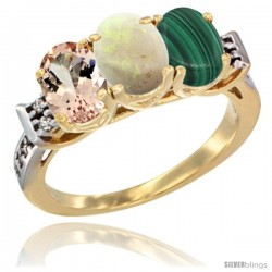 10K Yellow Gold Natural Morganite, Opal & Malachite Ring 3-Stone Oval 7x5 mm Diamond Accent