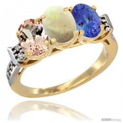 10K Yellow Gold Natural Morganite, Opal & Tanzanite Ring 3-Stone Oval 7x5 mm Diamond Accent